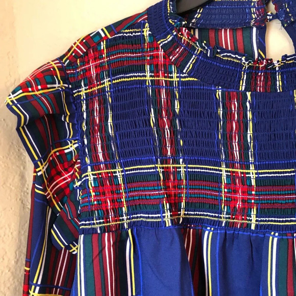 Sugarlips Plus Long Sleeve Mock Neck Navy Blue Plaid Top w/ Ruffle Details - Picture 5 of 9